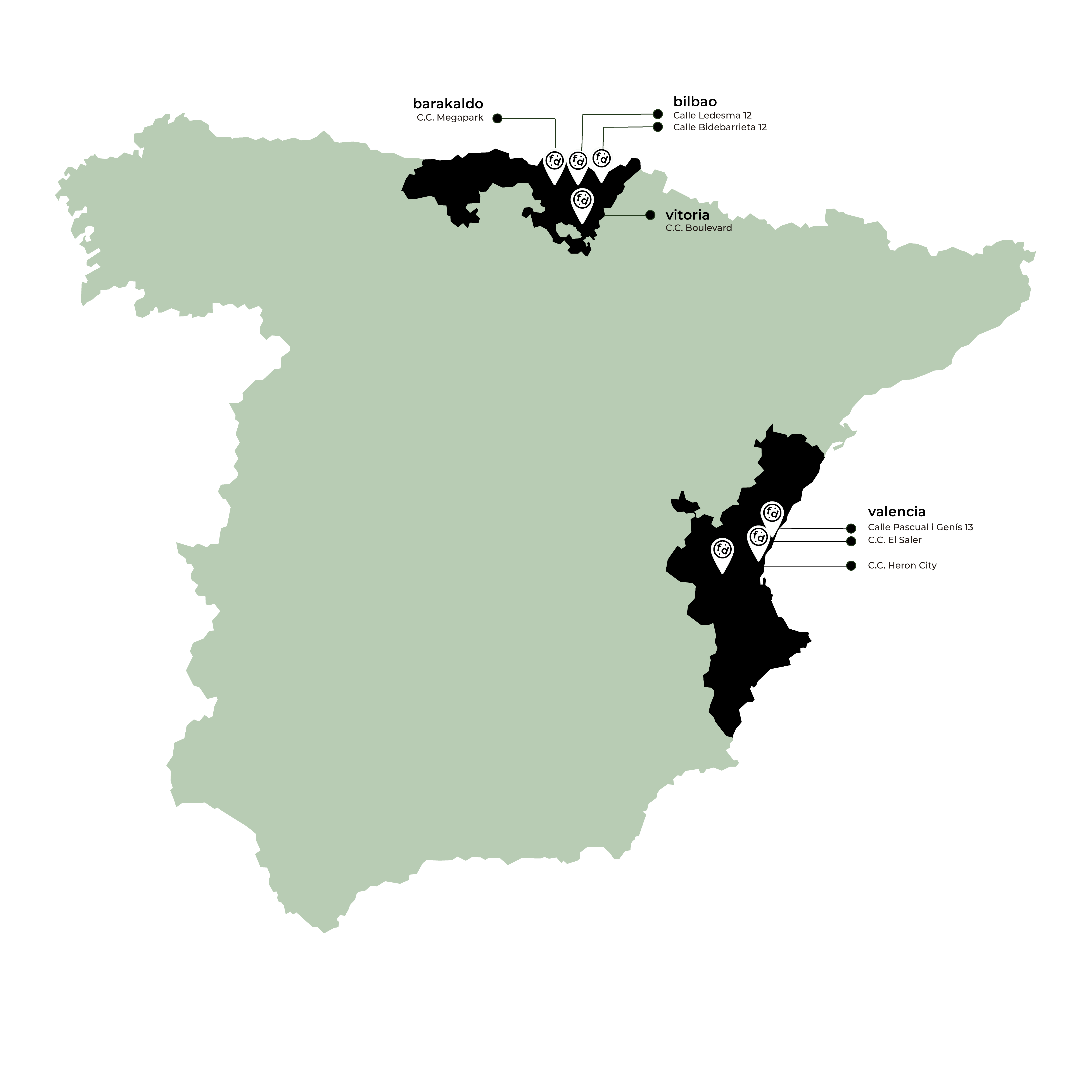 Mapa de la península ibérica con las ubicaciones de los distintos restaurantes Foodoo en Barakaldo, Bilbao, Vitoria y Valencia